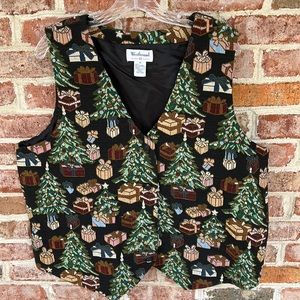 Vintage Christmas Holiday tapestry vest size 1X Christmas Trees